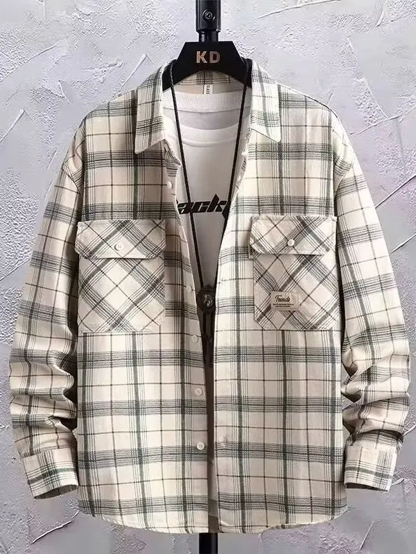

Casual Long Sve Men's irt Spring Autumn Workwear Coat Loose Dirt Resistant Wear Resistant Double ket Plaid Top