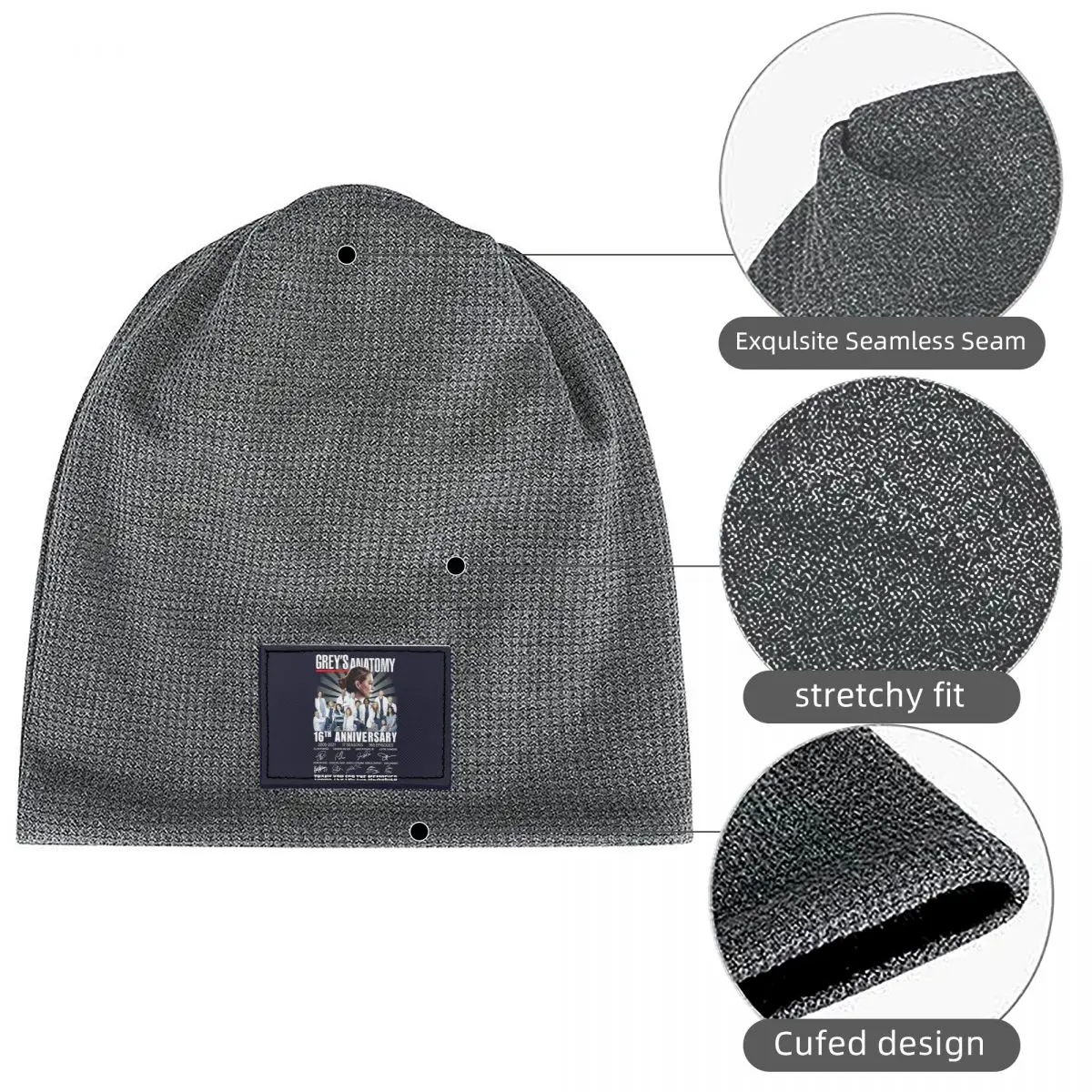 Greys Anatomy 16Th Anniversary 2005 2021 17 Seasons Thank You For The Memories Waffle Fleece Lined Beanie with PU Leather Patch