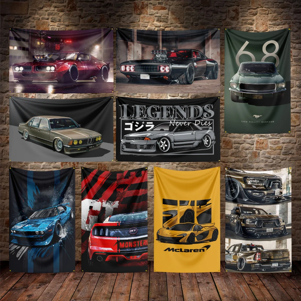 Vintage American Muscle Cars Flag Polyester Digital Printing Retro Car Banner For Decor