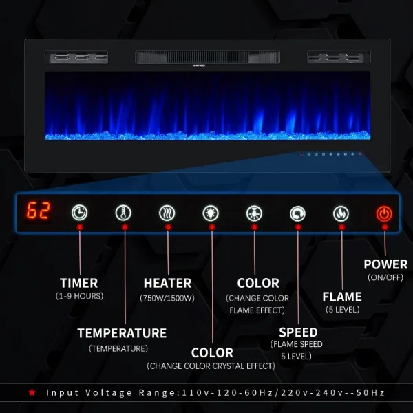 oneinmil Electric Fireplace, 50 inch Wide Recessed/Wall Mounted Electric Fireplace, Remote Control with Timer 12 Adjustable