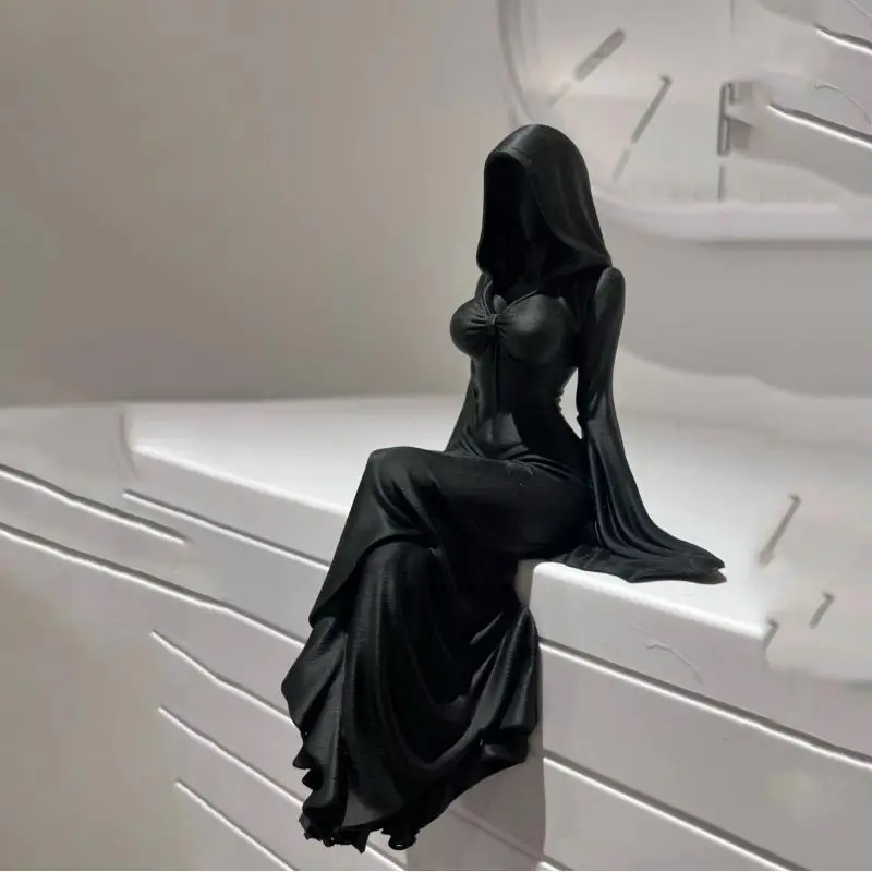 Gothic Lady Death Figurine Black Hooded Cloaked Woman Sitting Statue Dark Aesthetic Bookshelf Home Decor Halloween Gift