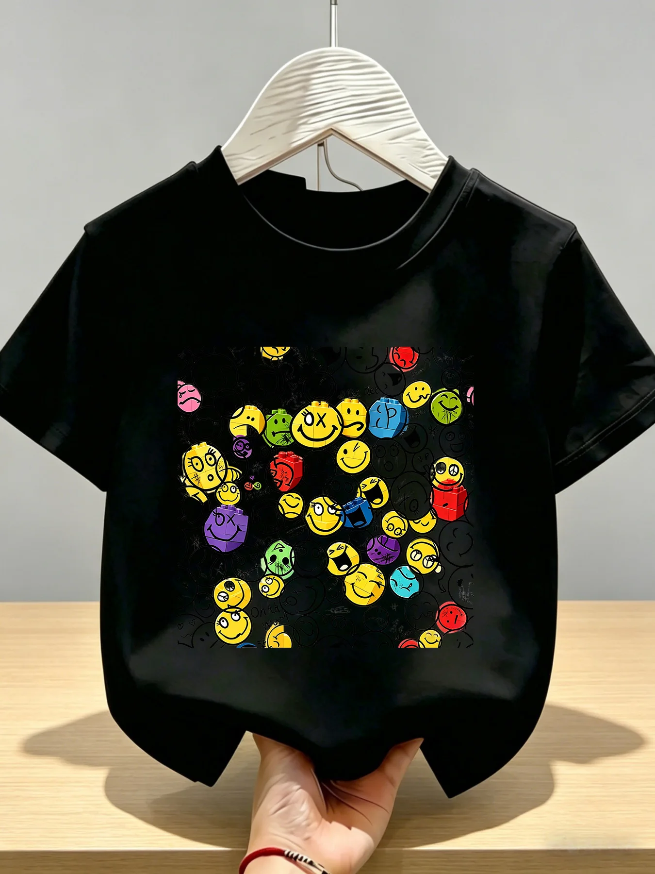 Smiling Face Expression Creative Building Blocks Graffiti Printing Children's T-shirt Soft and Comfortable Parent-child Outfit
