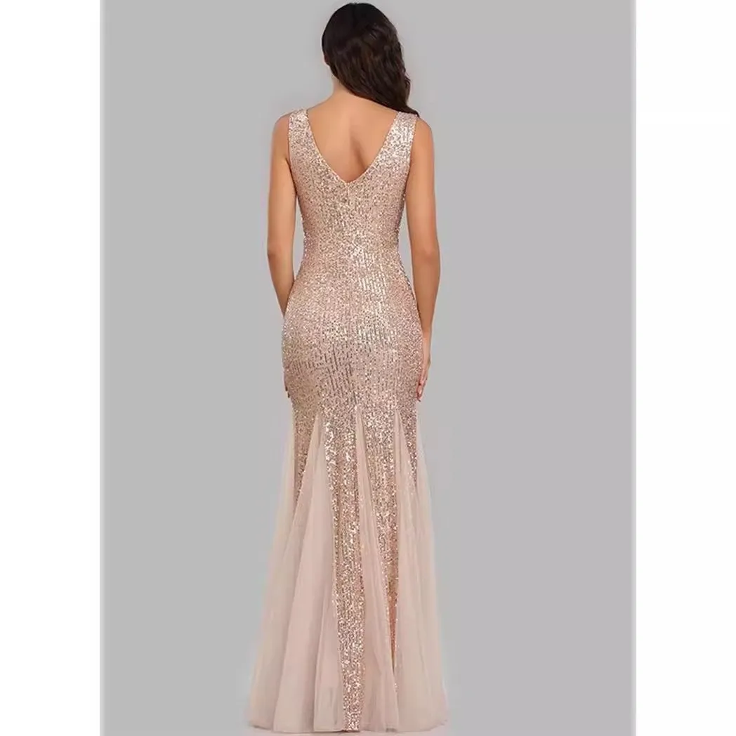 Elegant Prom Dress Wedding Guest Long Satin Sequin Evening Maxi Length Mermaid Formal Floor Length Sparkly Party Dress view 2