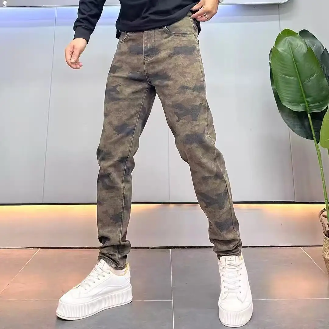 

High-End American Retro Camouflage Jeans Men's Trendy Brand Slim Straight Long Casual Outdoor Spring Autumn Jeans