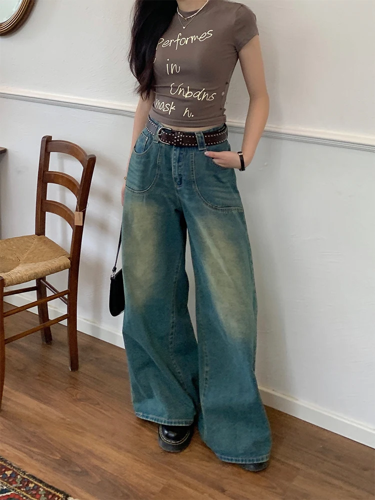 

NIDEBLA American Sle Women's Jeans Light Blue Straight Leg Micro Flared Pants Small ence Design Spring Autumn Winter