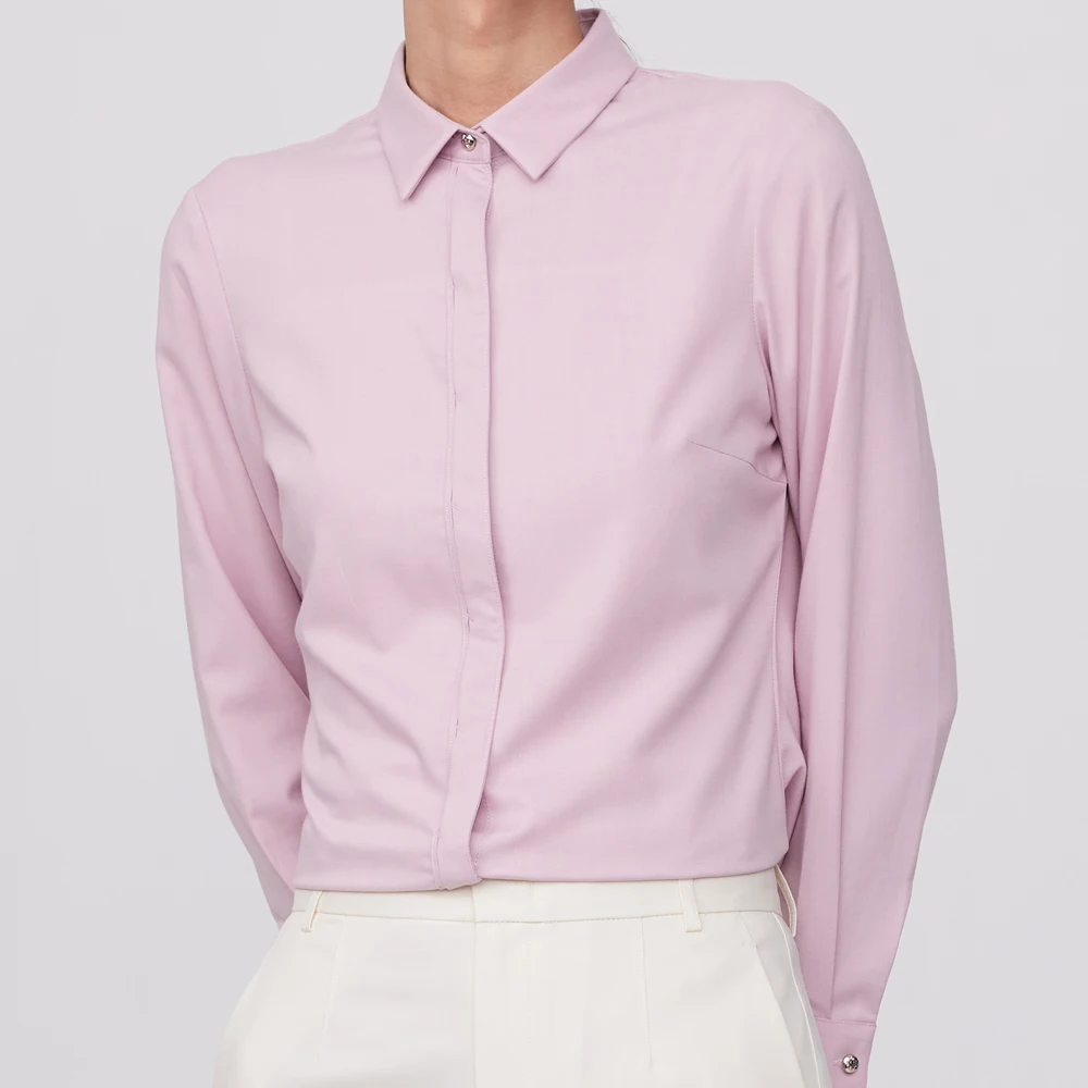 Women's Classic Solid Hidden Button Shirt - Minimalist, Versatile & Chic, Slight Strech Long Sleeve for Work to Weekend Wear