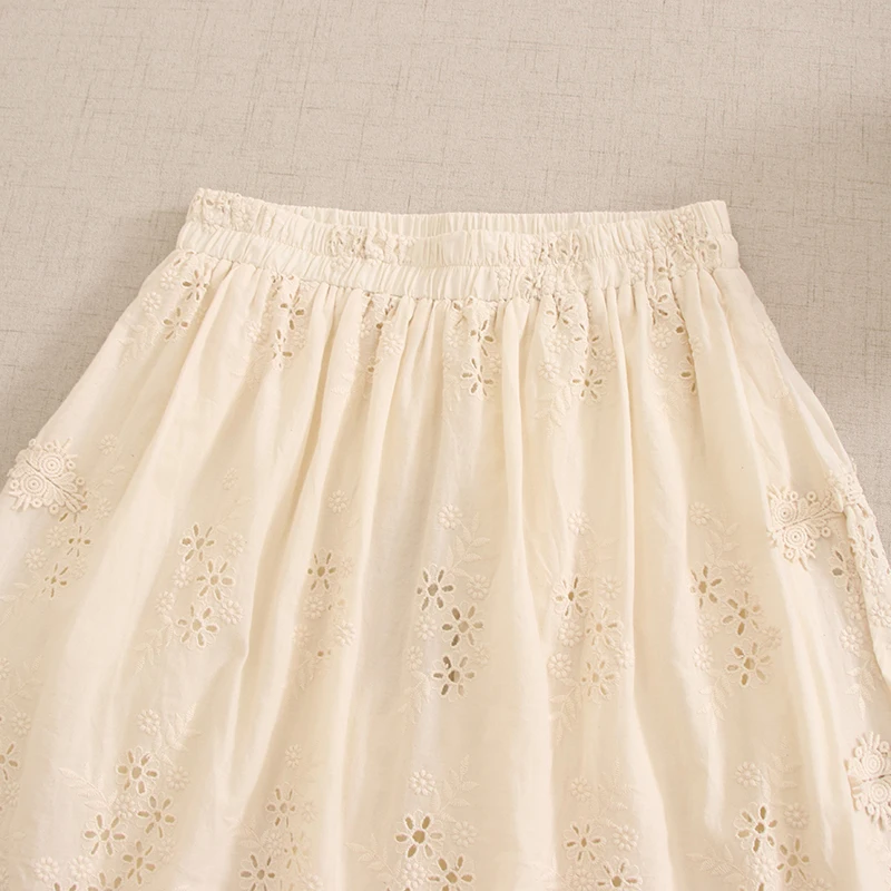 Summer Japan Style Sweet Mori Girl Embroidery Hollow Out Double Layer Skirt Women Elastic Waist Casual Loose A-Line Midi Skirts