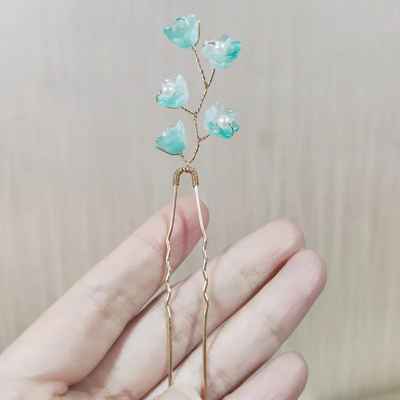 Bridal Green Color Flower Wedding Hair Accessories Hair Pins Forks for Women Pearl Hairpins Princess Headpiece Party Jewelry