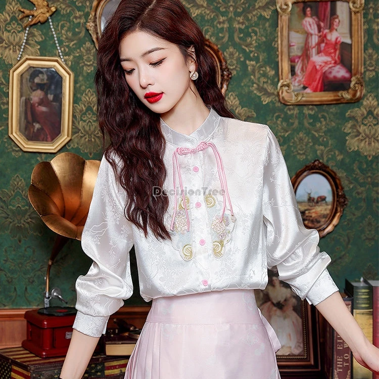 

2024 retro chinese style embroidery improved tang suit top exquisite jacquard zen tea temperament blouse spring daily button top