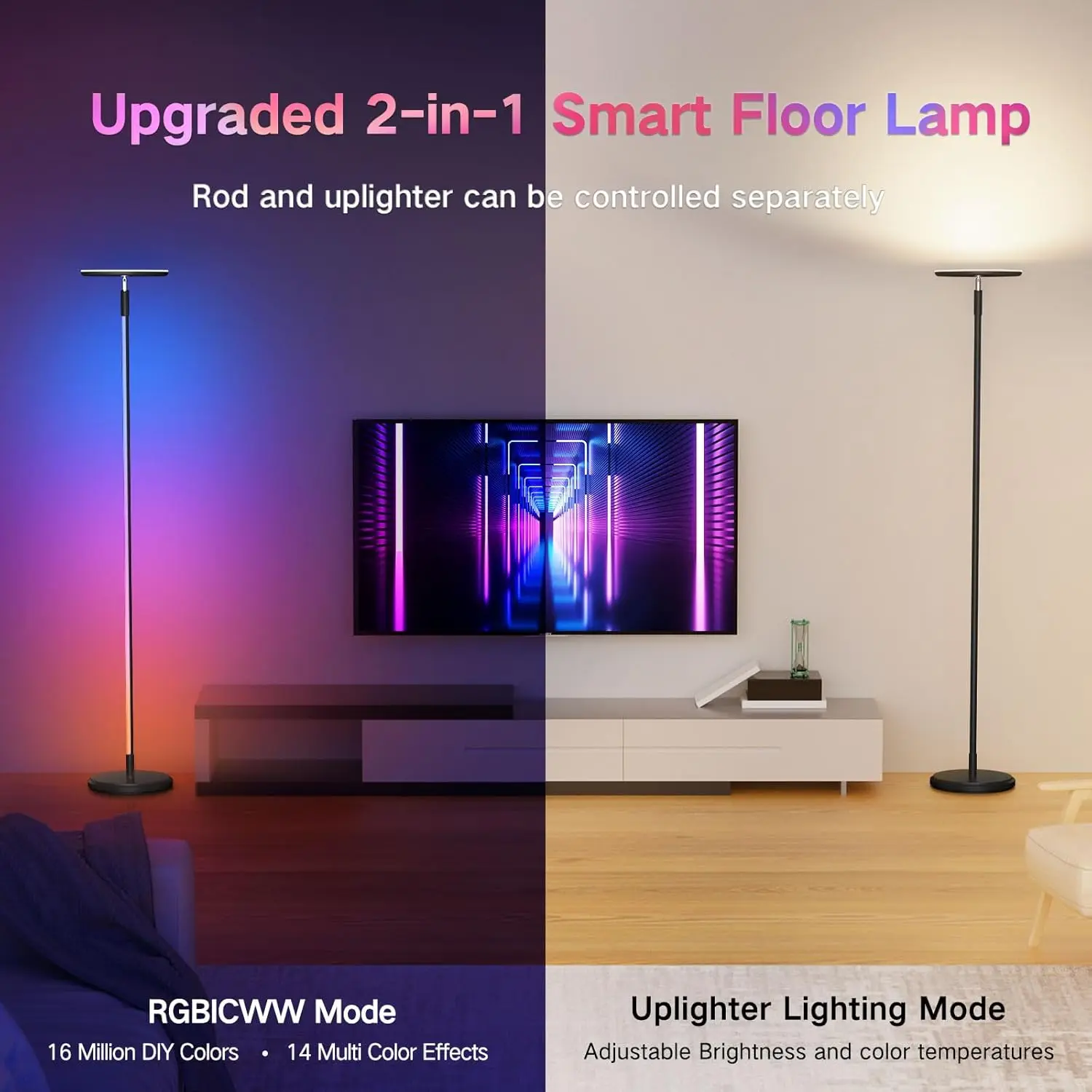 Outon Smart Floor Lamp, 30W/3000Lm Bright Led Rgb Torchiere Floor Lamp, Works With Alexa Google Home, 16 Million Diy Colors,