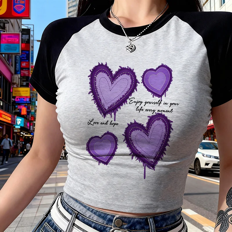 2026 Y2K Women's Round Neck Short Sleeve Crop Tops with Denim Heart and Swirl Letter Print Sexy Graphic Crop T Shirt Clothes