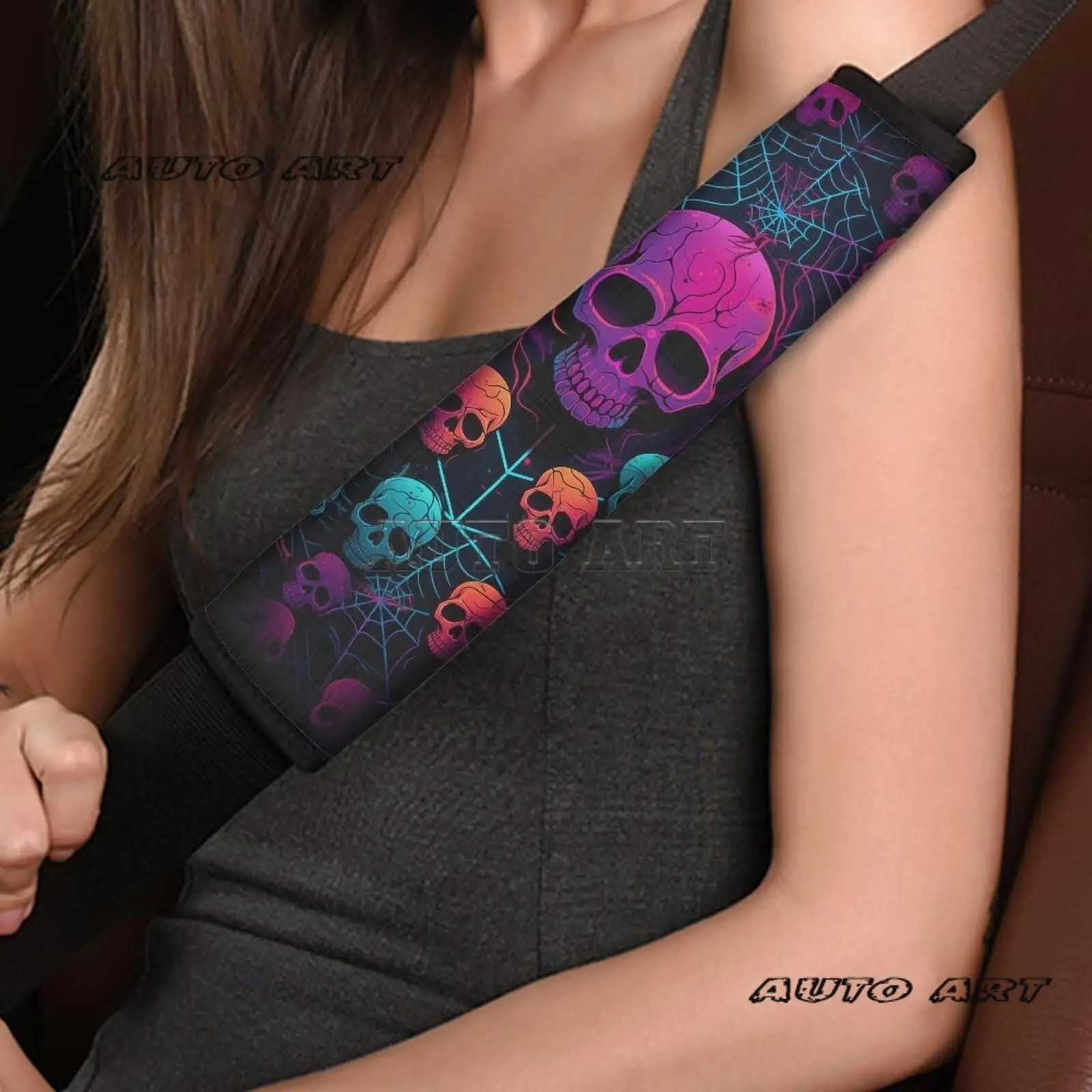 Skull Print Car Seat Belt Pads Cover Spider Web Printed 2 Piece Seatbelt Cushions Breathable Seat Belt Cushion Shoulder Strap