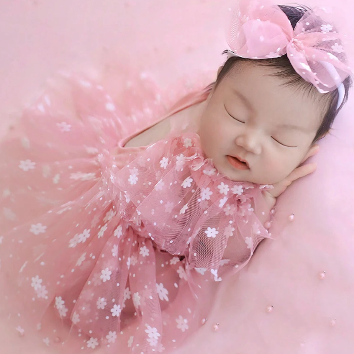 Ylsteed Pink Snow Print Newborn Photography Outfits Girl Infant Mesh Lace Romper with Bow Headband Newborn Photo Shoot Props