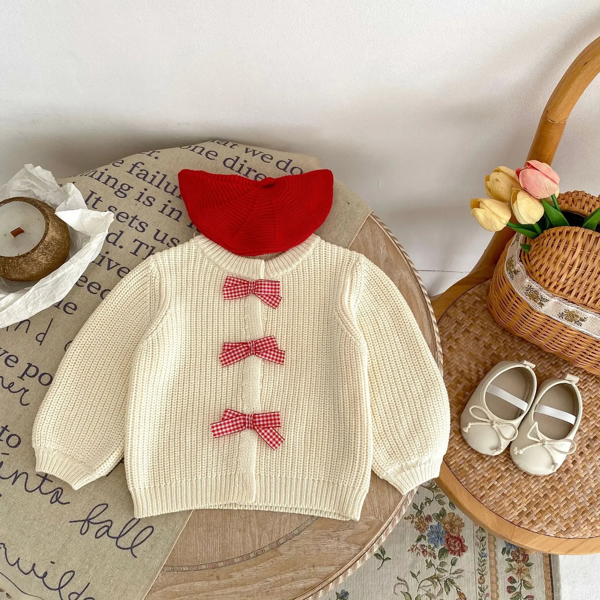 Coat 2023 New Autumn Cotton Yarn Girl Baby Children Lattice Bow Knot Knitting Long Sleeved Cardigan Striped Lovely