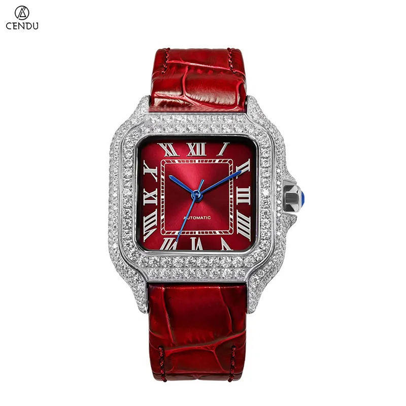 VVS Moissanite Diamond Watches for Men Square Watches Jewelry Mechanical Miyota 6T28 Stainless Steel 5ATM Lethear Strap Pink