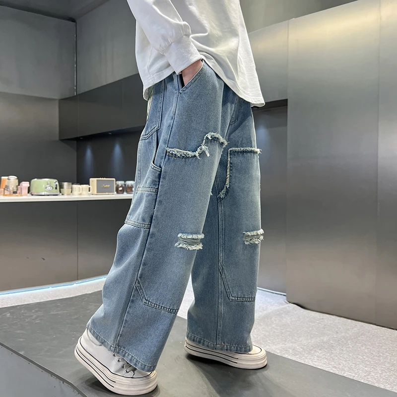 New 2025 Boys' Casual Korean Style Autumn and Winter Loose Simple Denim Jeans High Quality.4-15year