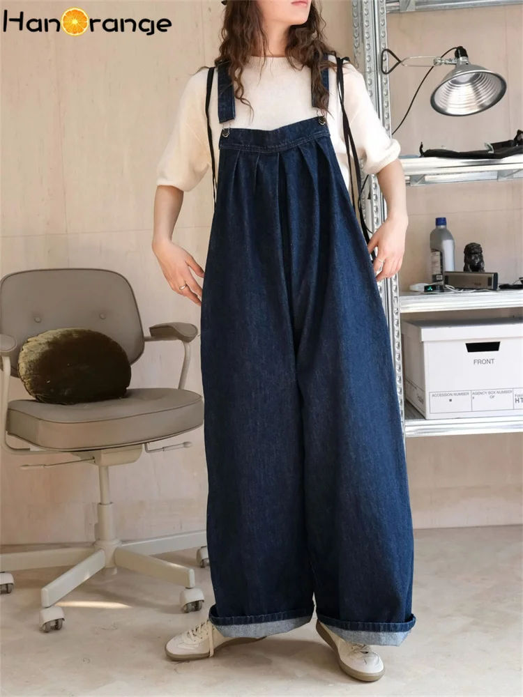 

HanOrange 2024 Autumn Artistic Retro Wide Leg Denim Jumpsuit Women Loose Comfortable Casual Jumpsuit Blue