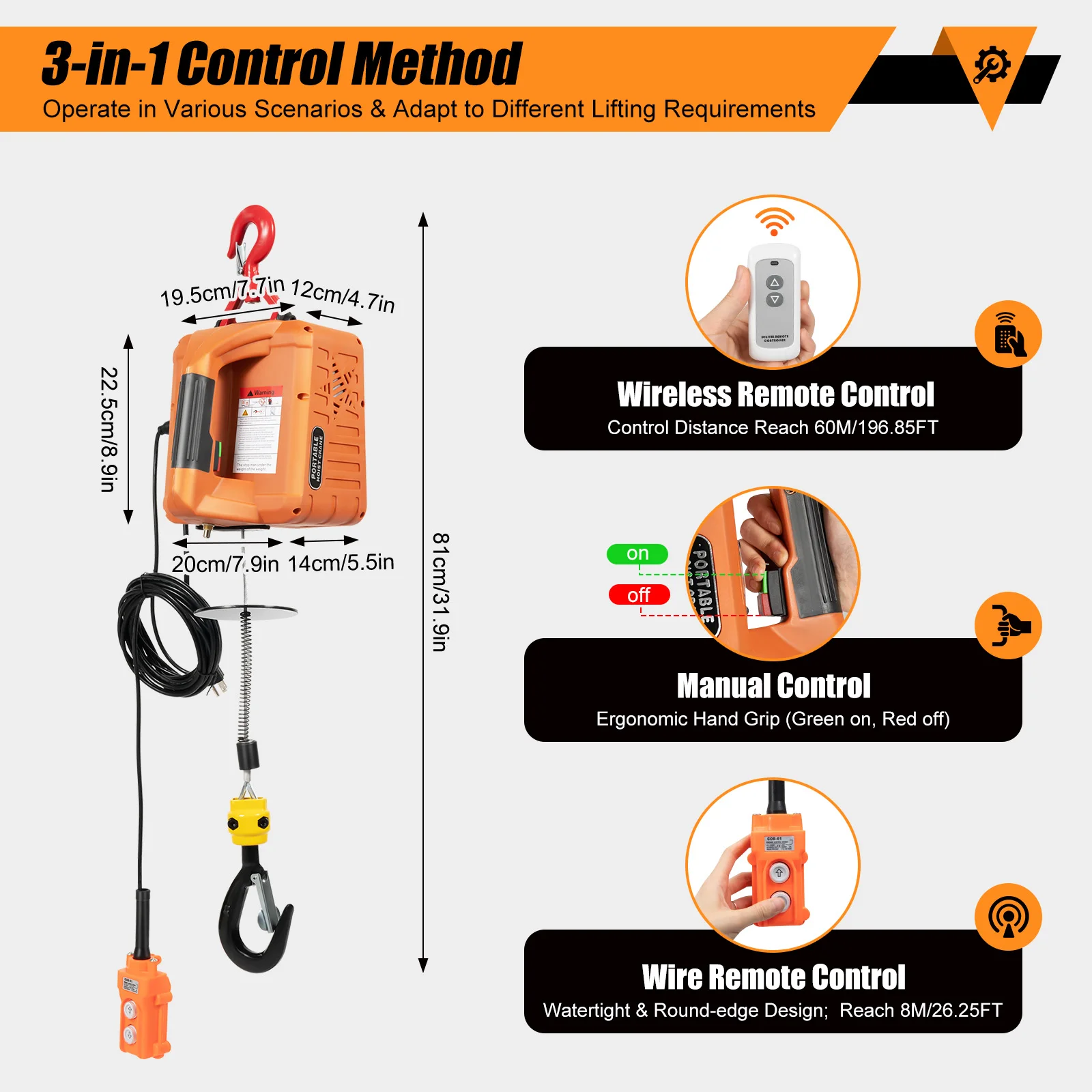 3 in 1 Electric Hoist Winch - 1100LBS 38FT 110V Manual, Wired and Wireless Remote Control for Factories, Warehouses, Garages