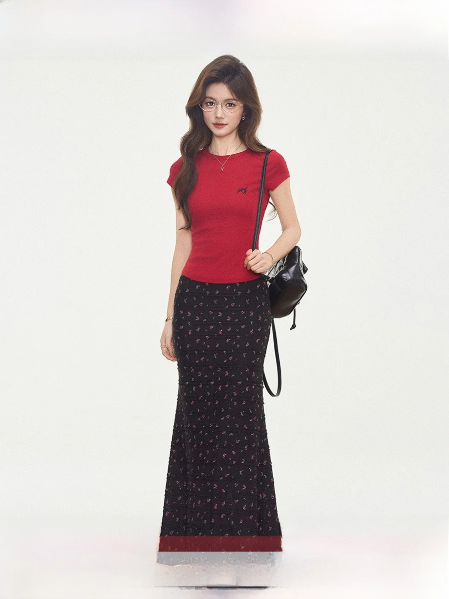 

WESTAYONE 43 New Women's Slim Fit Short Sleeve T-Shirt Floral Fish Tail Half Skirt Casual Style Cotton Polyester Blend