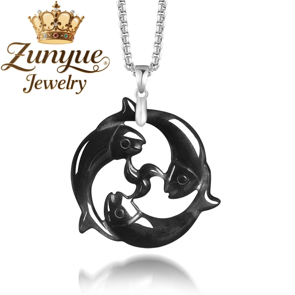 

S925 Silver inlaid natural Burmese A-grade ice-type Jadeite black-bone Yearly Fish perfect pendant Luxury Quality Jewelry Charms