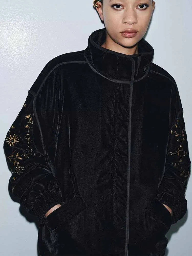 

European and American style winter new fashion women's stand collar embroidered faux velvet cotton jacket coat