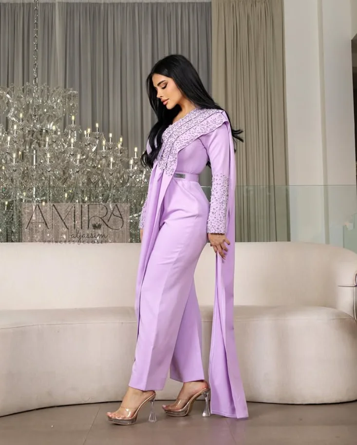 Lilac Lavender Jumpsuit Evening Formal Dresses with Ribbon Long Sleeve Crystal Beaded Customized Jersey Prom Gown Pant Suit