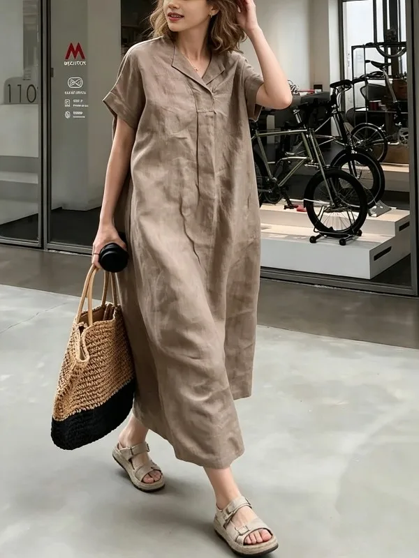 

High Waist Loose Fit Short Sleeve Shirt Dress for plus Size Women Mid-Length Casual Style with Turn-down Collar Single Button