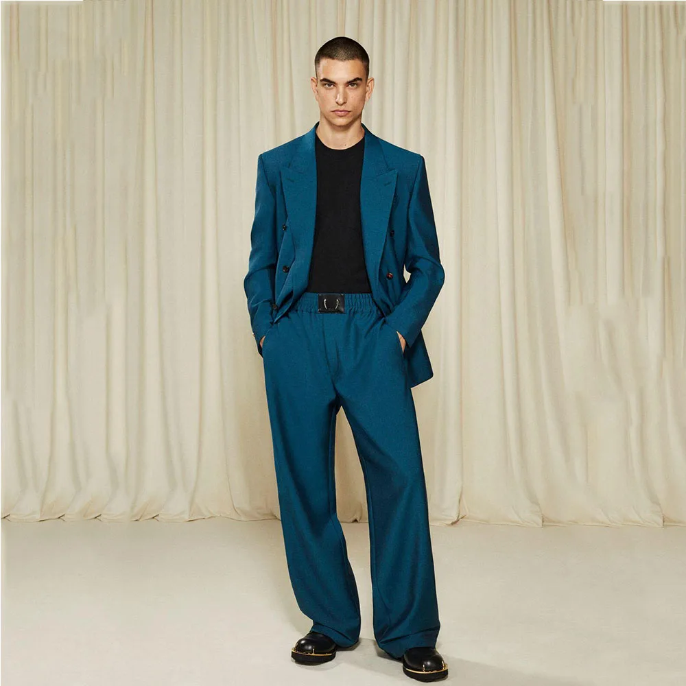 

Classic Blue Fashion Men Suits Peak Lapel High Quality Formal Occasion 2 Pieces Jacket Pant Double Breasted Male Clothing