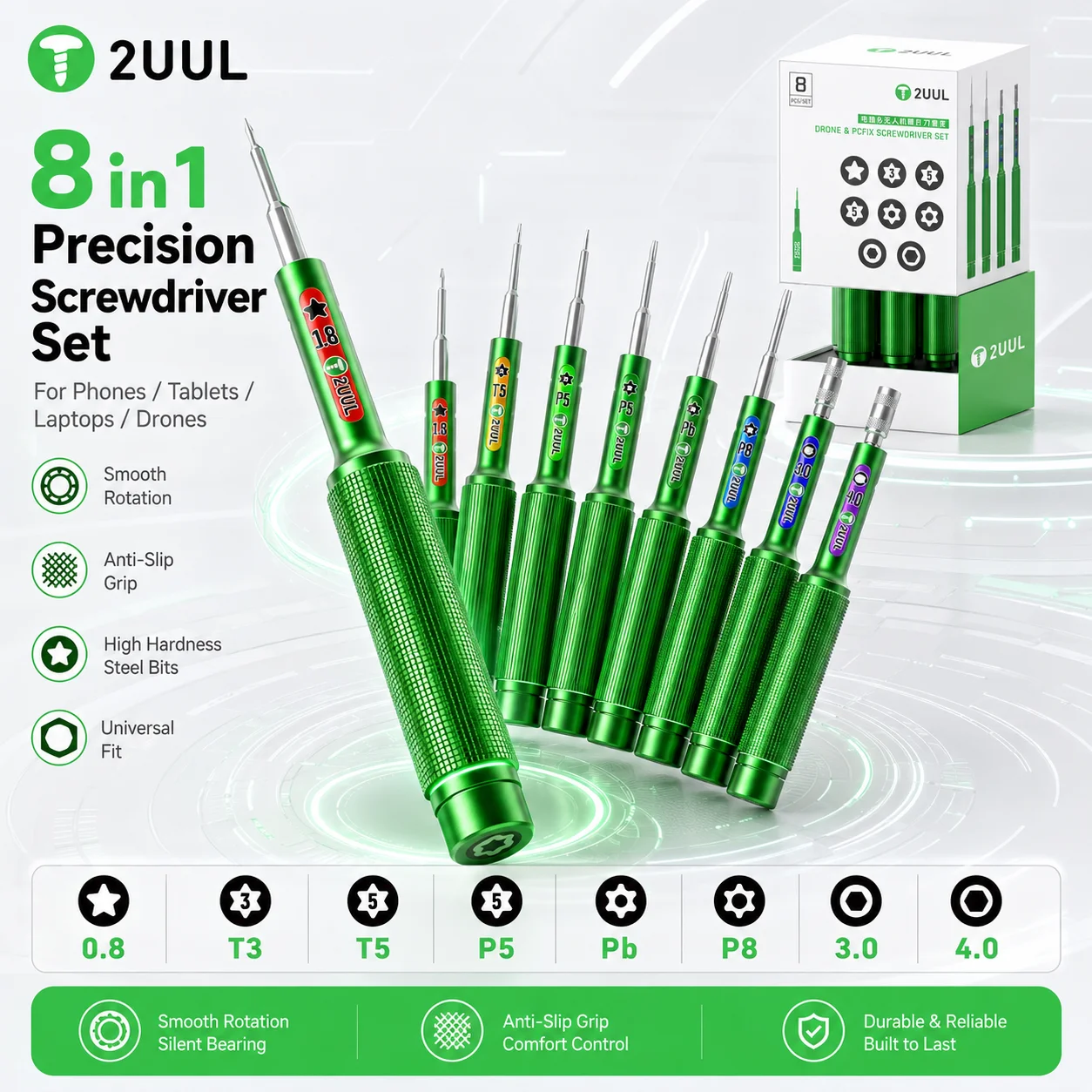 2UUL SD95 8 in 1 Precision Screwdriver Set Anti-Slip Steel Bits for Phone Tablet Laptop Drone PC Repair Disassembly Tool Kit