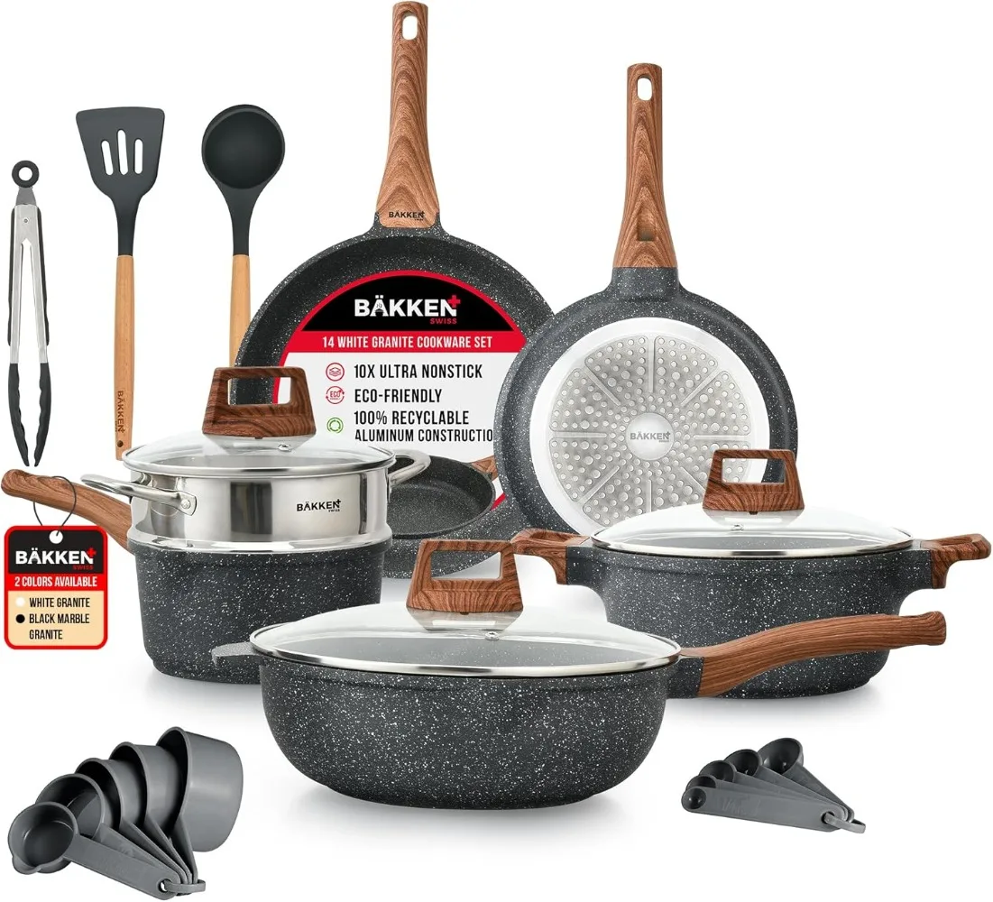 

Bakken-Swiss 14-Piece Kitchen Cookware Set – Granite Non-Stick – Eco-Friendly – for All Stoves & Oven-Safe - Marble Coatin