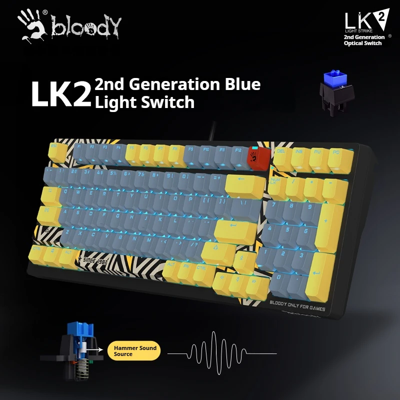 

Bloody Q98 Wired Optical Axis Mechanical 98 Keys E-sports Keyboard Ice Blue Backlight Hot Swap Desktop Computer Gaming Keyboard