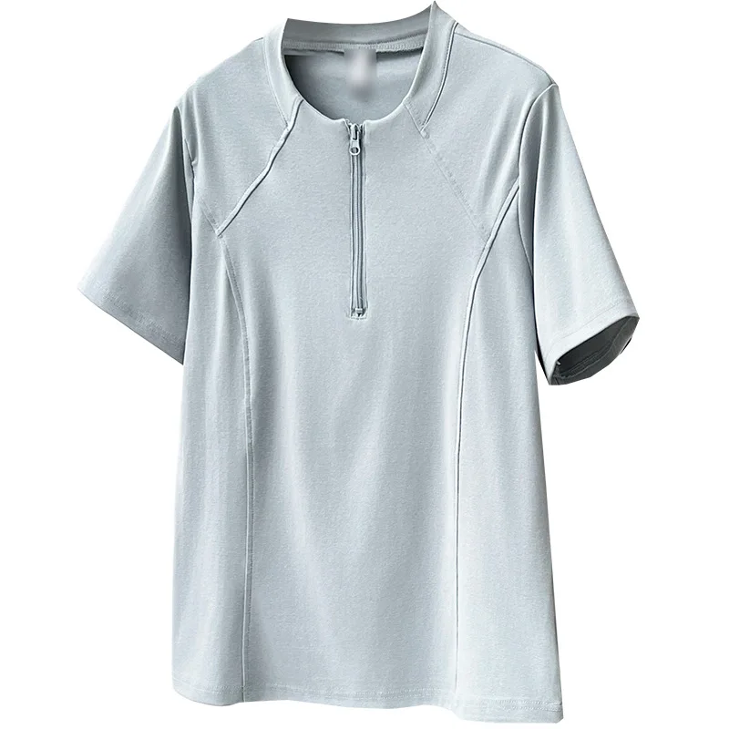 

2026 Summer Plus Size Cotton T-shirt Women Zipper Neck Spliced Casual Short Sleeve Tops Simple Slim Blouse For Curvy Ladies 8273