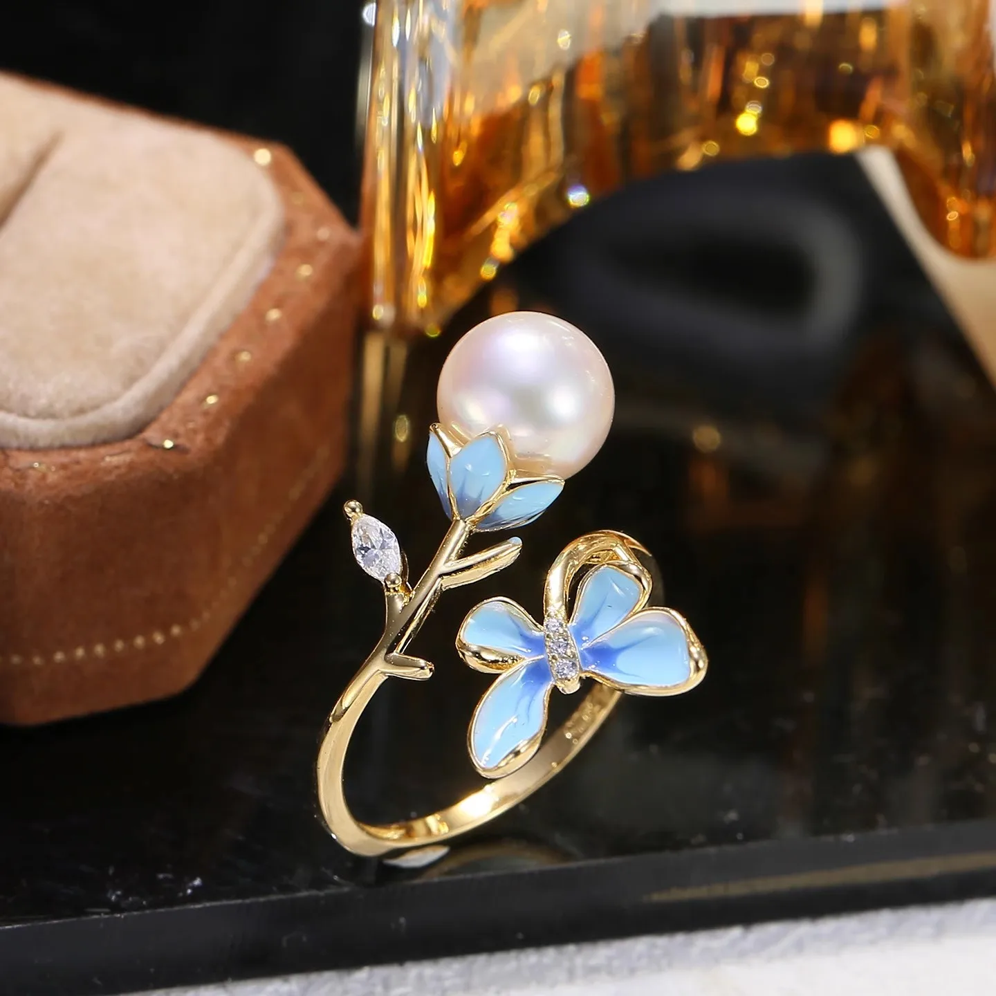 

MeiBaPJ 8-9mm Natural Nearround Pearl Fashion Baking Paint Ring DIY 925 Silver Holder Setting Fine Wedding Jewelry for Women