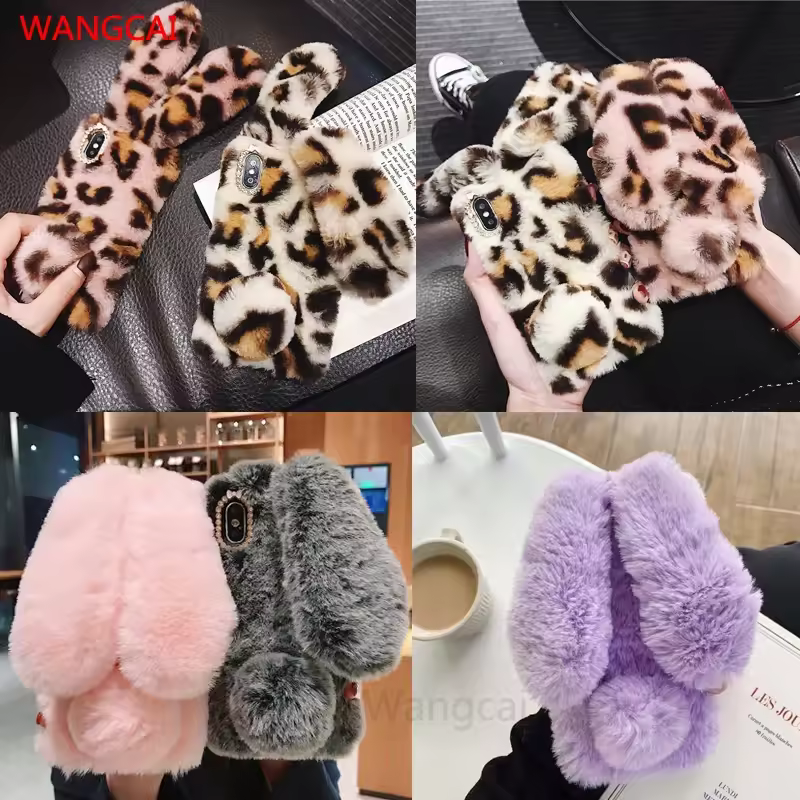 Funda de felpa de piel con Orejas de conejo 3D para OPPO A79 5G Reno 11 Pro 10 Pro A38 A18 A78 A58 4G A2 Pro funda de diamante