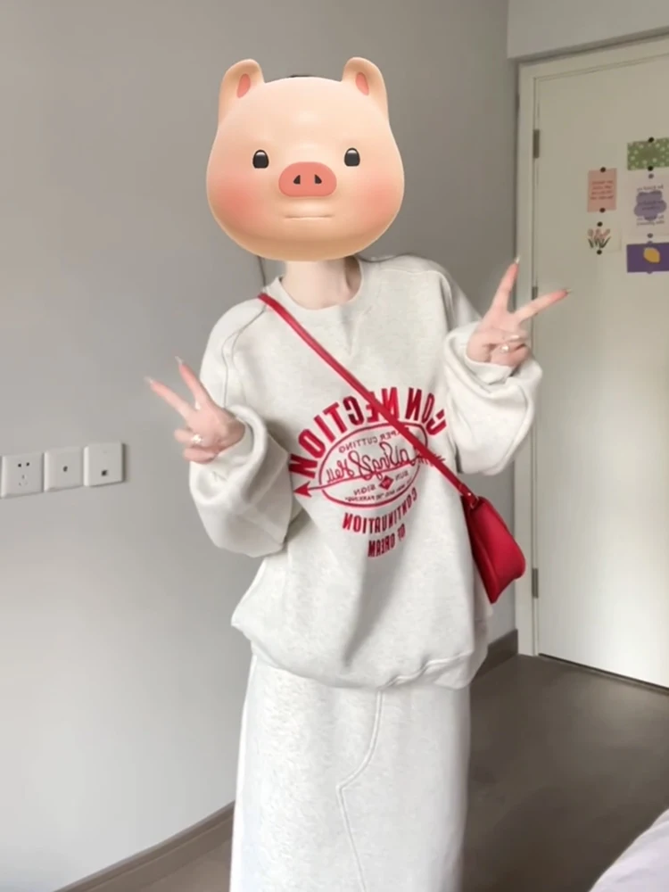 

Корейский стиль: Повседневный спортивный костюм для женщин, весна-осень, свободный худи и юбка, комплект из двух предметов, маленький размер