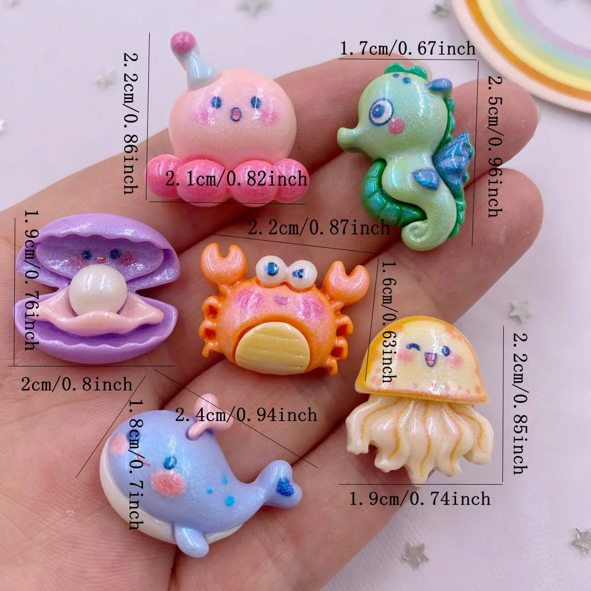 12pcs Colorful Resin Jellyfish Crabs Shell Seahorses Octopuses Whales Ocean Cartoon Flatback Scrapbook DIY Figurine Decor Crafts