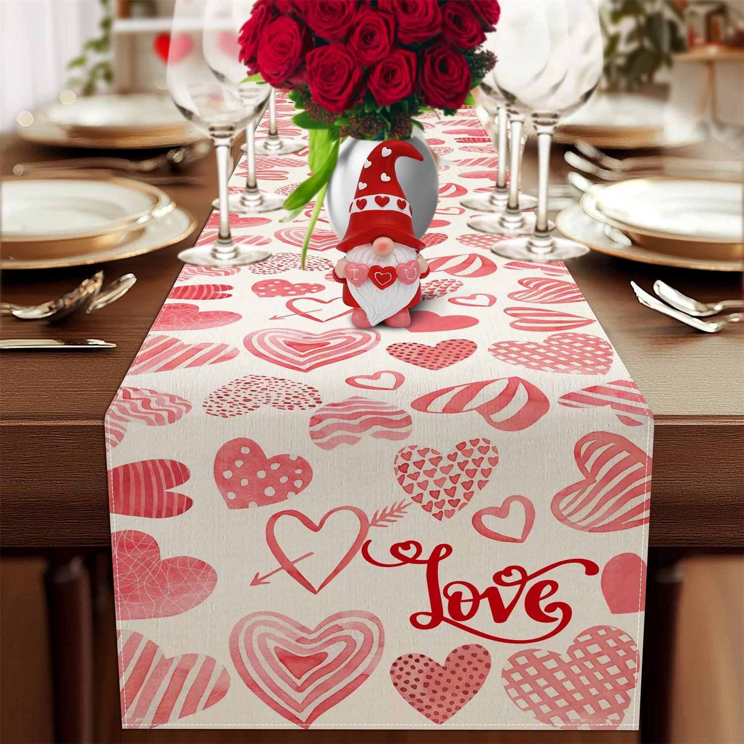 Valentine's Day Romantic Watercolor Table Runner - Hearts Cupid Arrows Plaid Stripe Polka Dot Wedding Kitchen Decor
