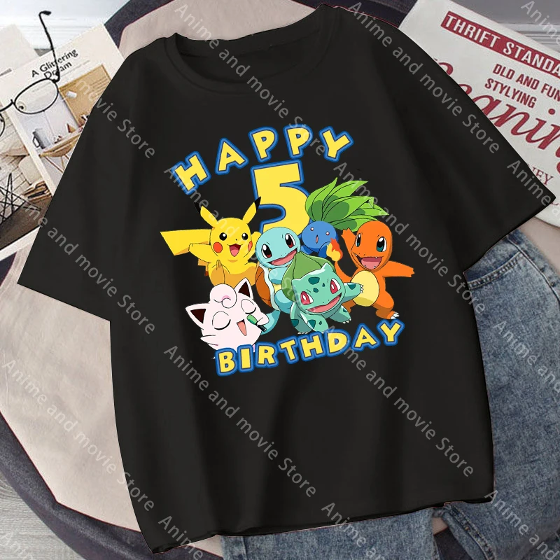 Niedliches schwarzes T-Shirt mit Geburtstagszahlen 1-10 für Jungen und Mädchen, Sommerkleidung für Schüler, Oberteile, Cartoon-Anime-Motiv, kurzärmelig, Geburtstagsgeschenk.