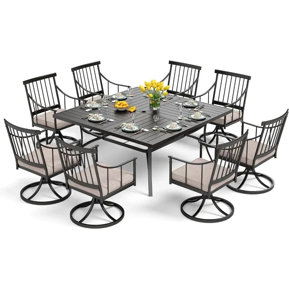 Outdoor Dining Table Set for 8, Square Wrought Iron Table & Heavy-Duty Steel Swivel Chairs with Cushions, Outdoor Tables