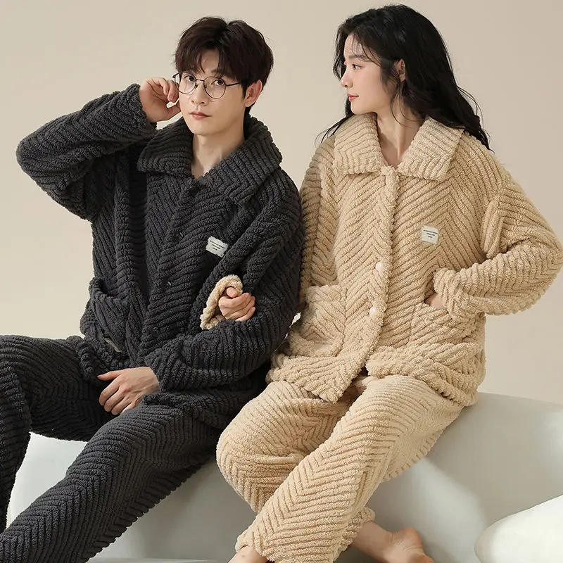 Coral Velvet Couple Pajama Women's Winter Flannel with Velvet Thickened Men's Pajama Flannel Can Be Worn Outside The Home