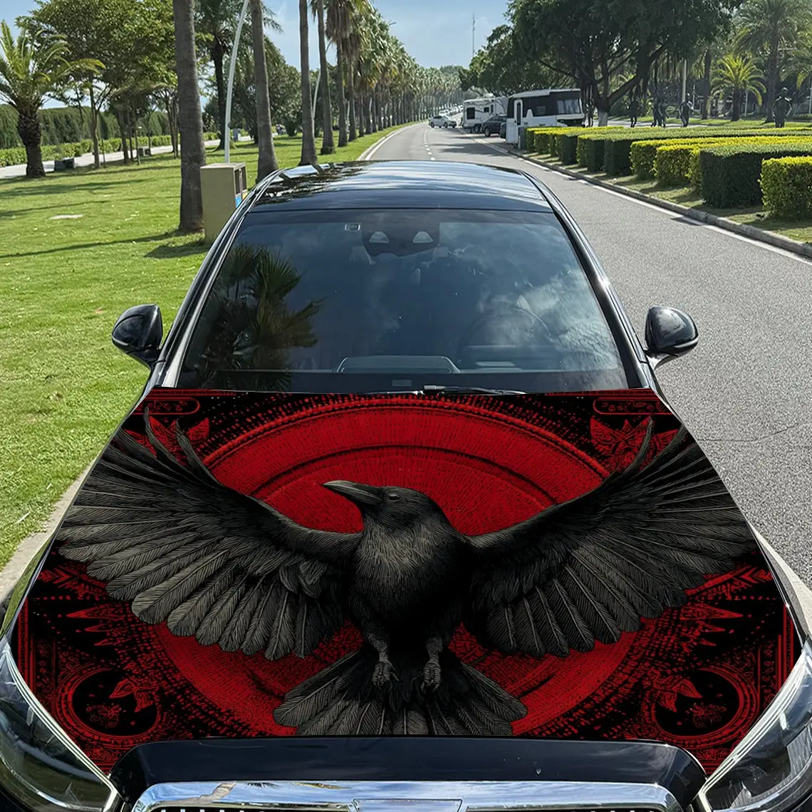 Car Decals Raven with a Striking, Red - Centric Artistic Style, Showcasing a Dynamic Mid - Flight Pose Car Hood Sticker, Waterpr