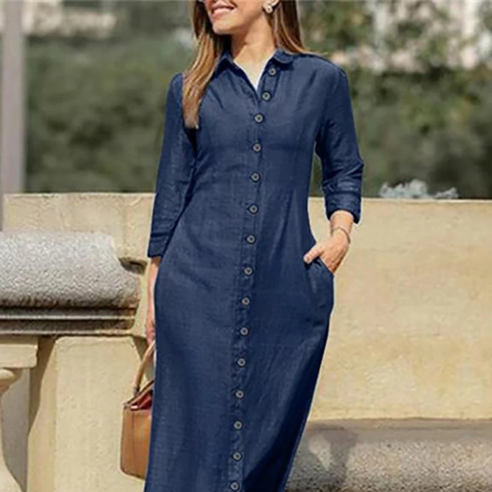 Plus size imitação denim elegante vestido feminino único breasted lapela manga longa cardigan camisa vestido reto oversize