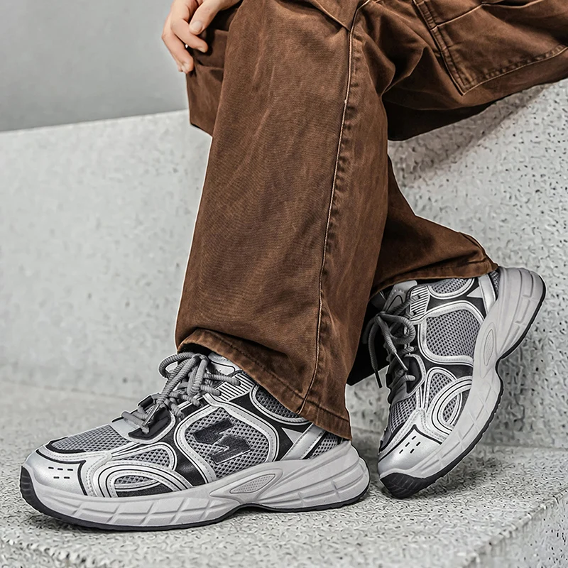 Men Retro Mesh Sneakers Lace‑up Thick Platform Sole Lightweight Footwear For Daily Street Casual Walking