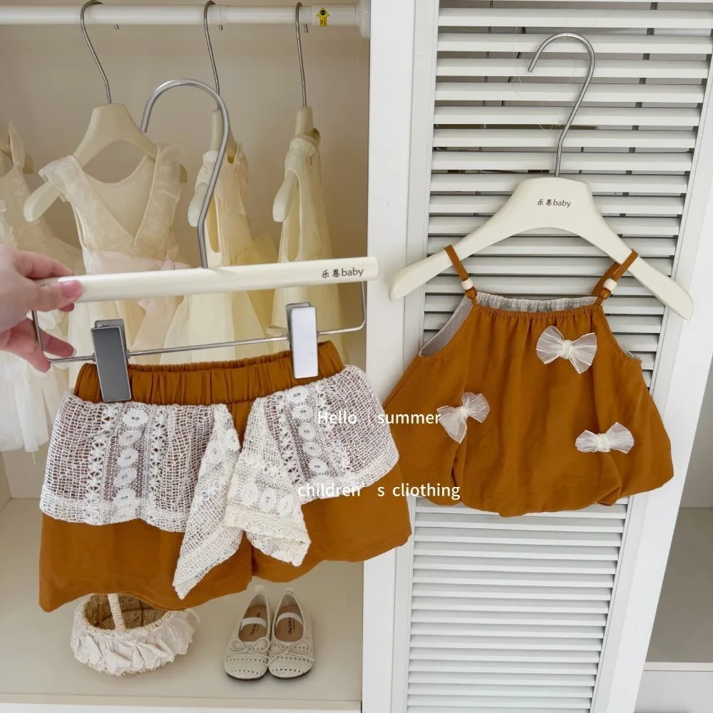 New Arrival Toddler Girl Bright Tangerine Resort Wear, Frill Edge & Bowknot Matching Suit  for 73-130cm