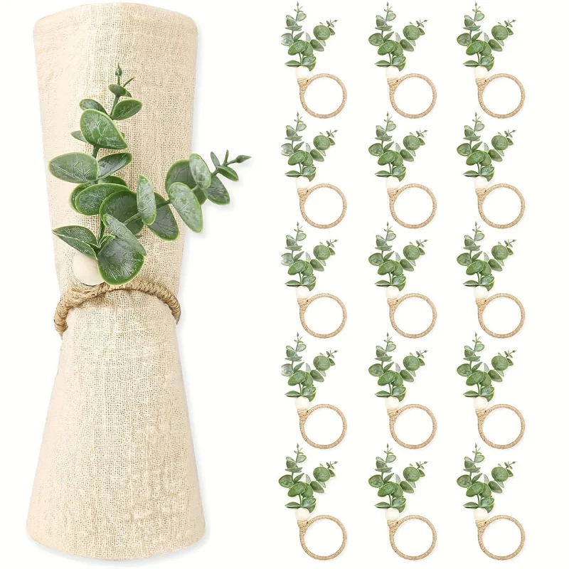 

Набор из 16 колец для салфеток с листьями эвкалипта, набор держателей для салфеток из богемных деревянных бусин для свадебной вечеринки и декора праздничного стола