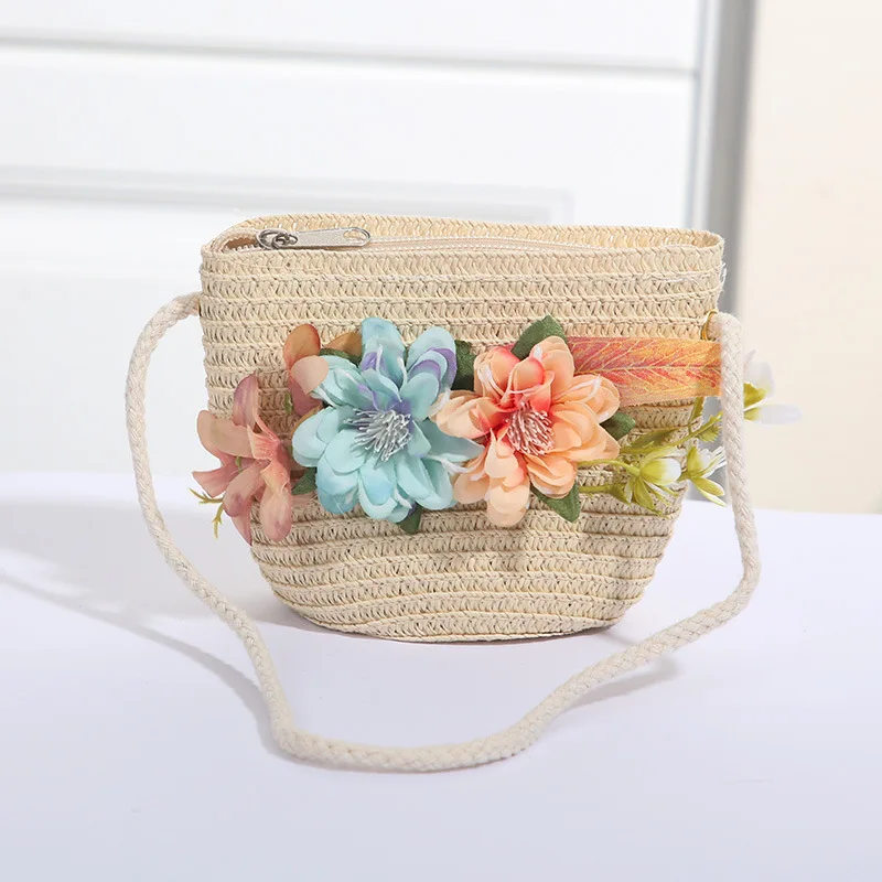 Cute Bow Straw Shoulder Bags Baby Girls Handmade Woven Crossbody Bag Princess Kids Messenger Bags Mini Coin Purse Beach Handbags