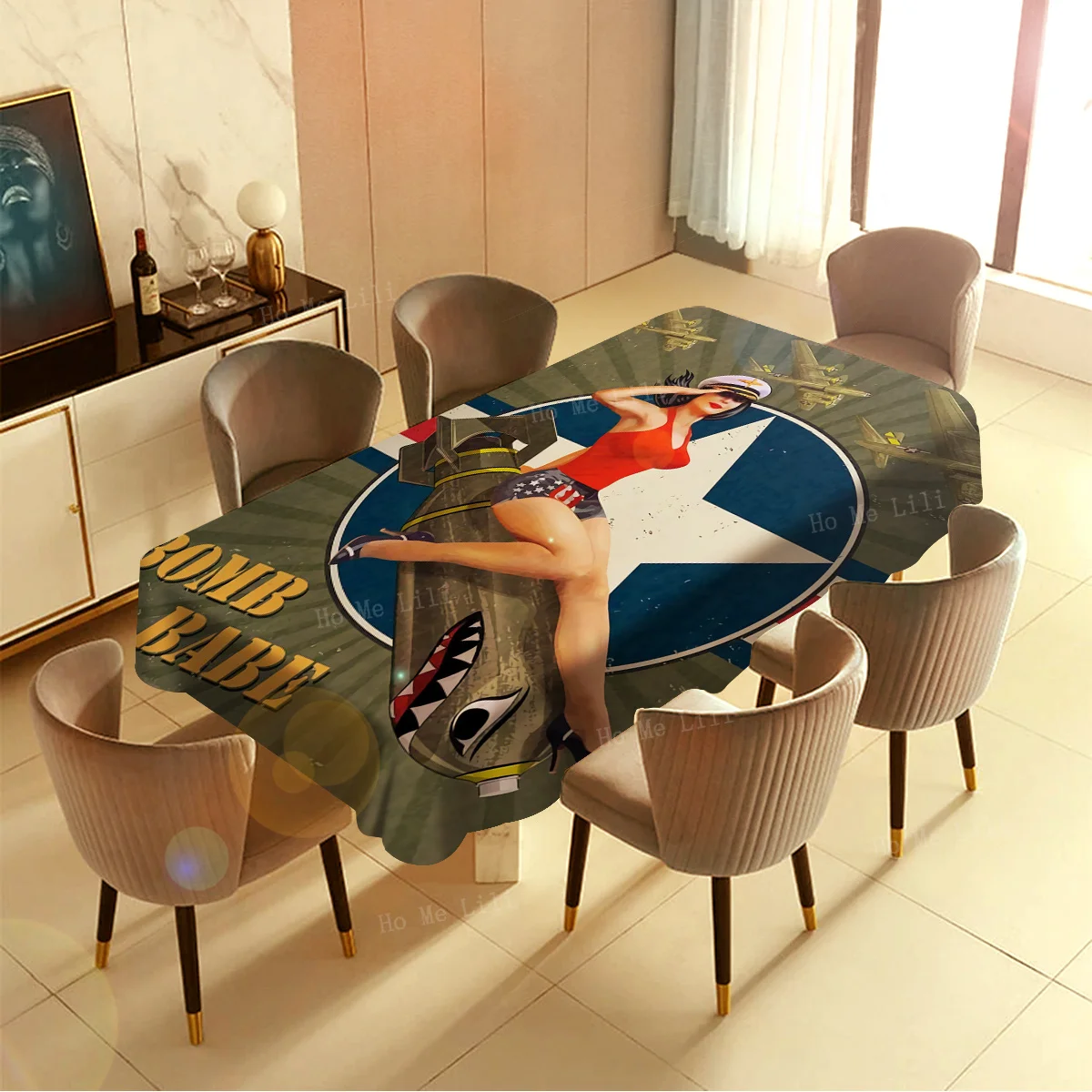 A Fighter Jet Flies Above A Young Saluting Woman On A Missile Tablecloth By Ho Me Lili For Tabletop Decor