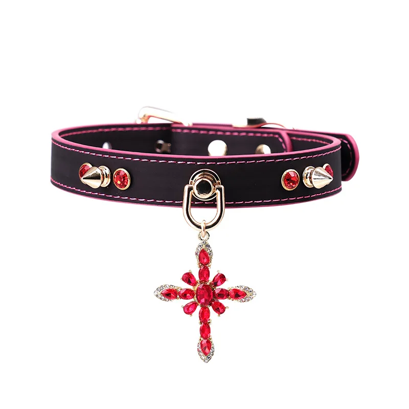 Punk Red Rhinestone Cross Choker Necklace, Temperature Color Changing Faux Leather Collar with Spikes Adult Games