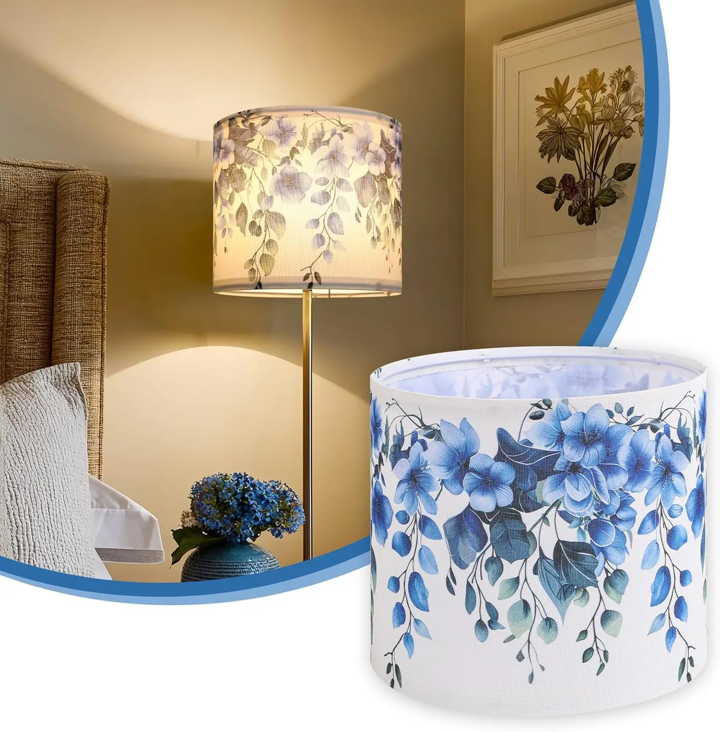 

Replacement Small Lamp Shade, 8.7"×8.7"×7.9" Linen Fabric Lamp Shade Only with Cascading Blue Floral Print, Spider Fit