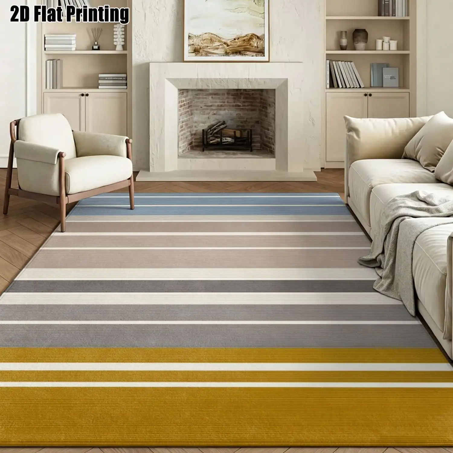 1Pc 2D Printed Morandi Color-Block Striped Nordic Minimalist Carpet, Multi-Size, Machine Washable, for Home Decor & Various Scenes